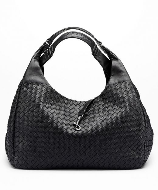 Top Black Intreccio Leather Double Handle Bronze Hardware Magnetic Buckle Closure Jodie—Replica Bottega Veneta Hobo Bag