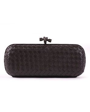 High End Charcoal Leather Intrecciato Metal Frame Top Knot—Imitated Bottega Veneta Intellectual Style Clutch