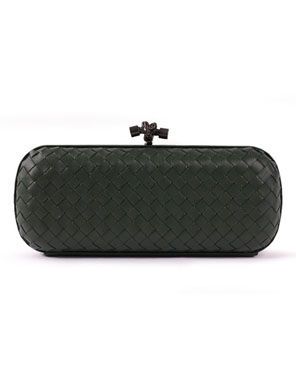 Clone Bottega Veneta Women'S Dark Green Leather Intrecciato Design Top Knot Closure Classic Clutch For Dinner Party