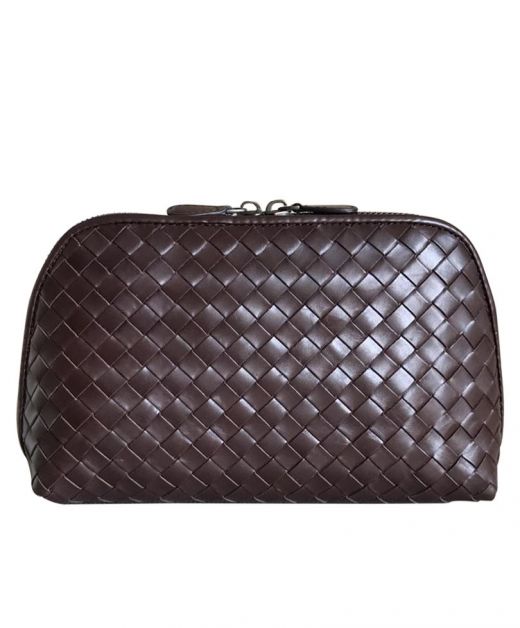 Faux Bottega Veneta Pouch Brown Intrecciato Lambskin Double Zip Closure Ladies Portable Clutch