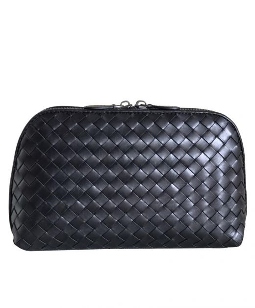 Best Quality Black Leather Intrecciato Textured Look Zip Closure Pouch—Fake Bottega Veneta Clutch For Ladies