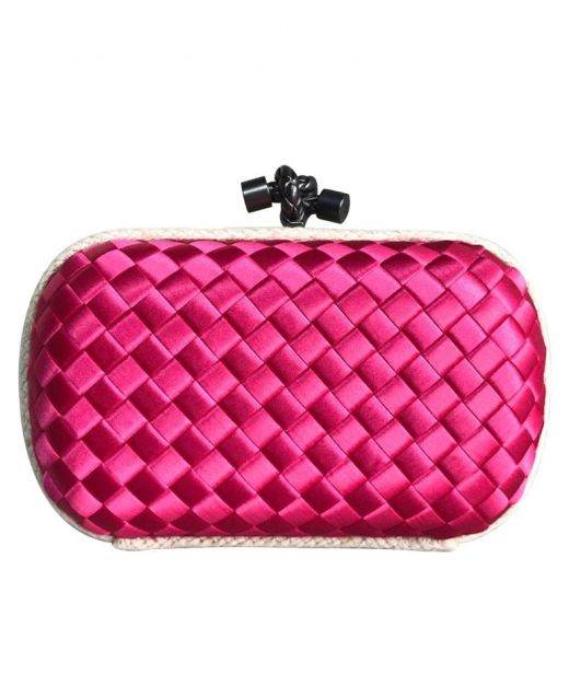 Good Review Dark Pink Satin Intreccio Design White Leather Trim Top Black Knot—Clone Bottega Veneta Small Clutch For Women