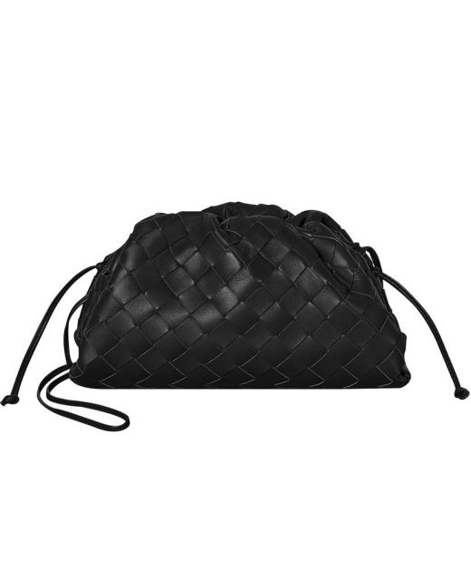 Replica Bottega Veneta Pouch Loose Intrecciato Black Calfskin Drawstring Shoulder Strap Magnetic Closure Ladies Clutch