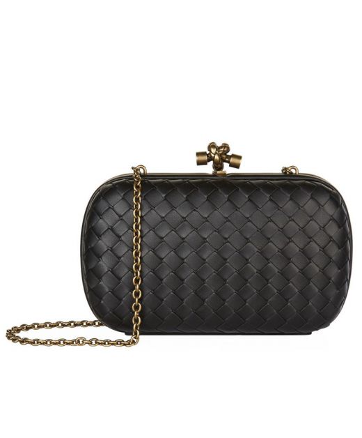 Low Price Black Leather Intreccio Look Vintage Gold Knot Detail—Replica Bottega Veneta Classic Ladies Chain Clutch