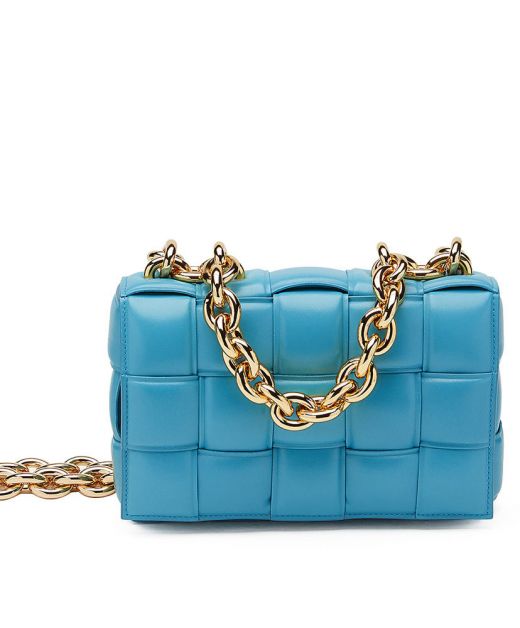 Copy Bottega Veneta Padded Cassette Azure Large Intrecciato Textured Look Magnetic Flap Closure Chain Bag For Ladies