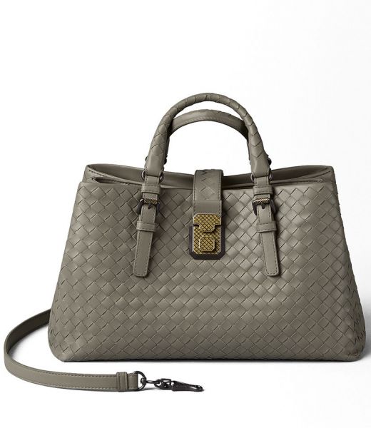 Clone Bottega Veneta Light Grey Intreccio Craft Leather Gold Push Lock Detail Ladies Elegant Practical Roma Tote Bag