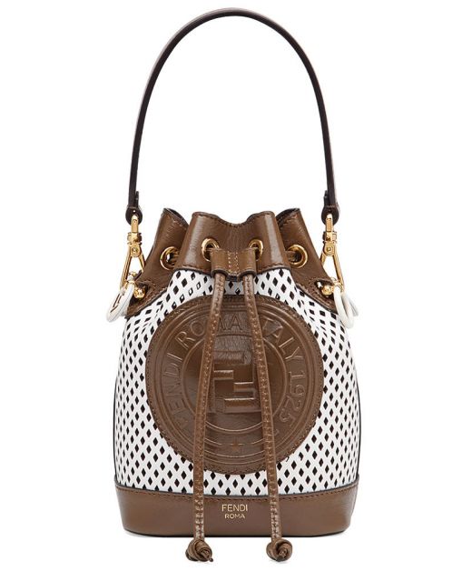 Best White Perforated Leather Brown Appliqué Trim Drawstring Design Mon Tresor—Imitation Fendi Bag For Ladies