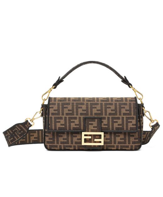 Replica Fendi Baguette Black Embroidered Trim Brown FF Pattern Canvas Gold Hardware Flap Design Shoulder Bag For Female