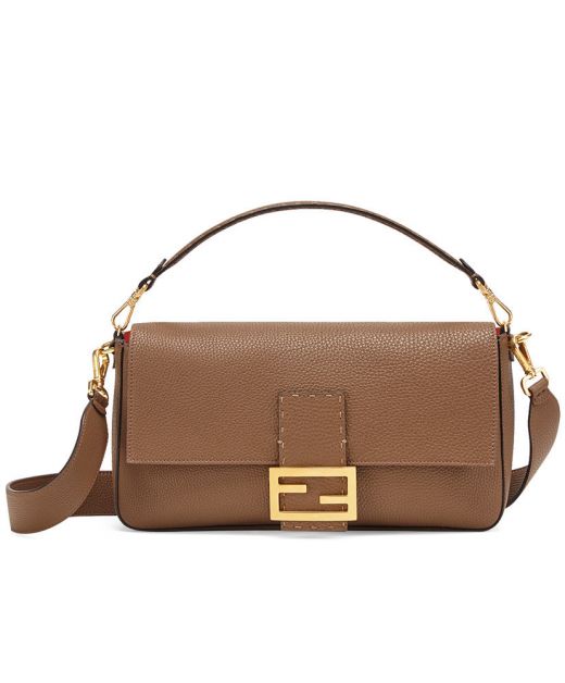 Replica Fendi Baguette Brown FF Pattern Fabric Black Embroidery Detail Gold Flap Magnetic Ladies Large Bag