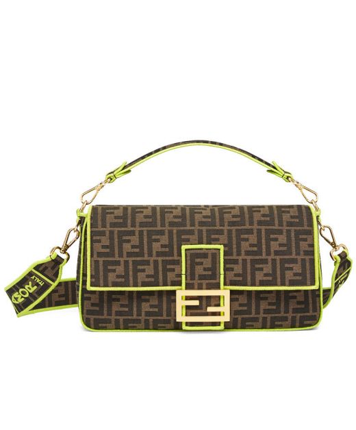 Faux Fendi Baguette Yellow Embroidered Letter Trim Brown FF Canvas Baguette— Replica Fendi Flap Handbag