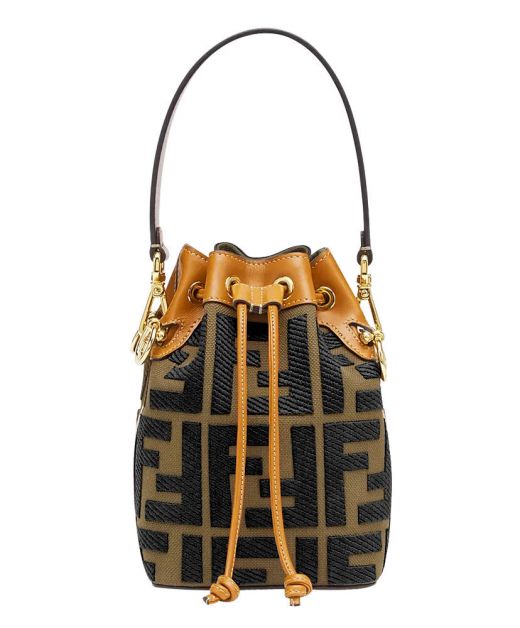 Top Quality Brown Denim Black FF Embroidered Top Drawstring Closure Leather Trim Mon Tresor— Imitated Fendi Bucket Bag For Ladies