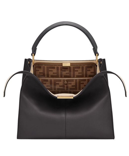 Hot Selling Black Leather Brown FF Interlining Single Gold Twist Lock Closure Top Handle Peekaboo X-lite—Replica Fendi Bag For Ladies