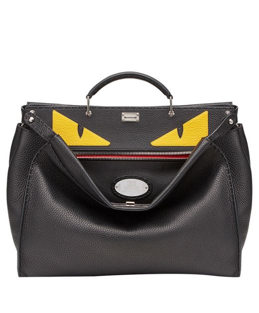 Replica Fendi Peekaboo ISeeU Black Roman Leather Yellow Glasses Patch Silver Side Twist Lock Ladies Classic Tote Bag