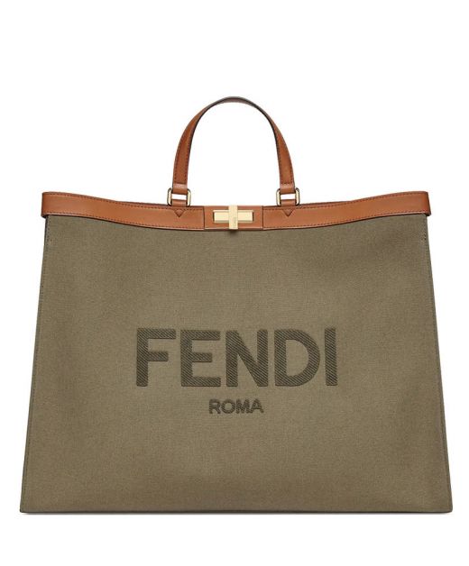 Best Website Grey Canvas Front Logo Top Brown Leather Trim Gold Twist Lock Peekaboo X-tote—Faux Fendi Double Handle Women's Bag