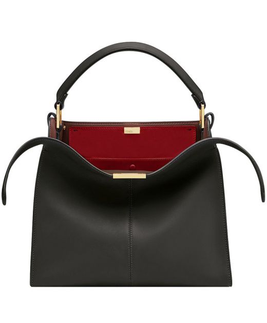 Chic Black Leather Gold Twist Lock Closure Top Handle Red Compartment Peekaboo X-Lite—Replica Fendi Delicate Tote For Ladies