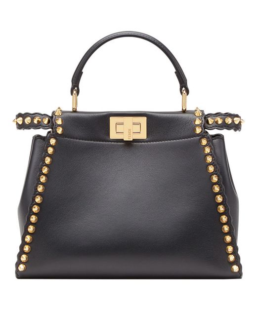 Low Price Black Calfskin Triangle Gold Stud Trim Both Side Twist Lock Peekaboo Iconic—Replica Fendi Street Bag For Ladies