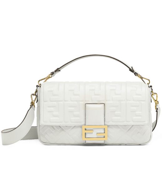 Classic Large White Lambskin 3D FF Logo Magnetic Flap Closure Baguette—Replica Fendi Women'S Crossbody Bag