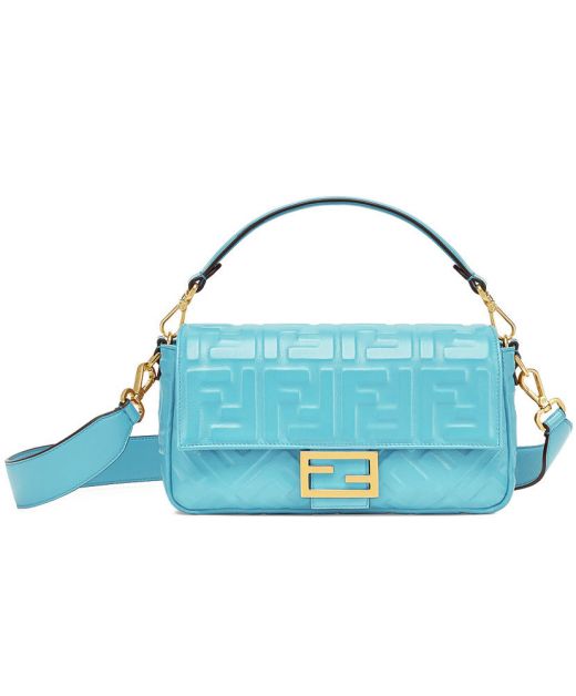 Top Quality Blue Leather 3D FF Texture Top Handle Flap Design Baguette—Replica Fendi Women'S Crossbody Bag