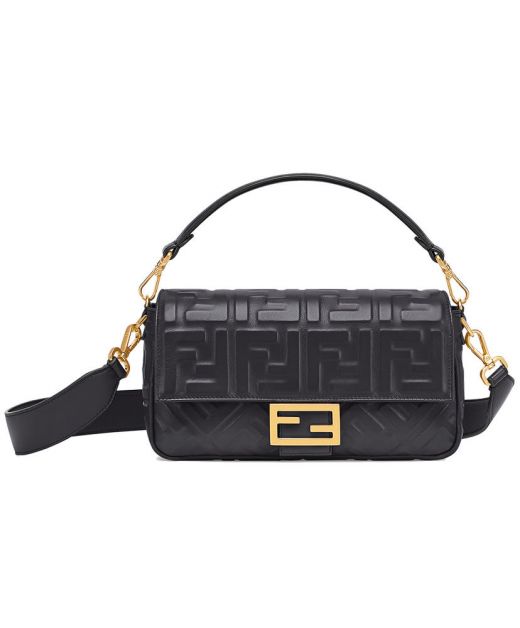 Replica Fendi Baguette Black Lambskin FF Textured Flap Rectangular Magnetic Buckle Women'S Shoulder Bag