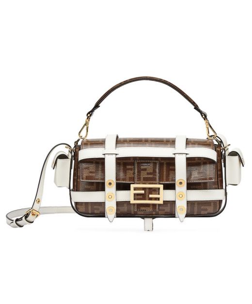 Good Review White Mesh Strap Side Pockets Brown FF Pattern Flap Baguette—Replica Fendi Ladies Tote Bag