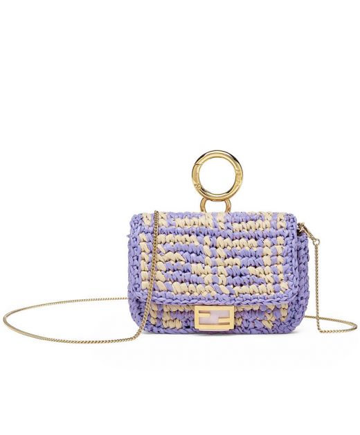 Top Sale Lilac Braided Raffia Beige FF Pattern Gold Ring Clip Nano Baguette—Replica Fendi Chain Bag For Ladies