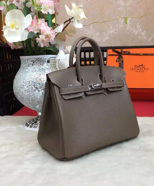 Best Birkin 25 Dark Grey Epsom Leather Paon Phw Silver Hardware - Replica Hermes Belt Closure Women's Double Handles Handbag