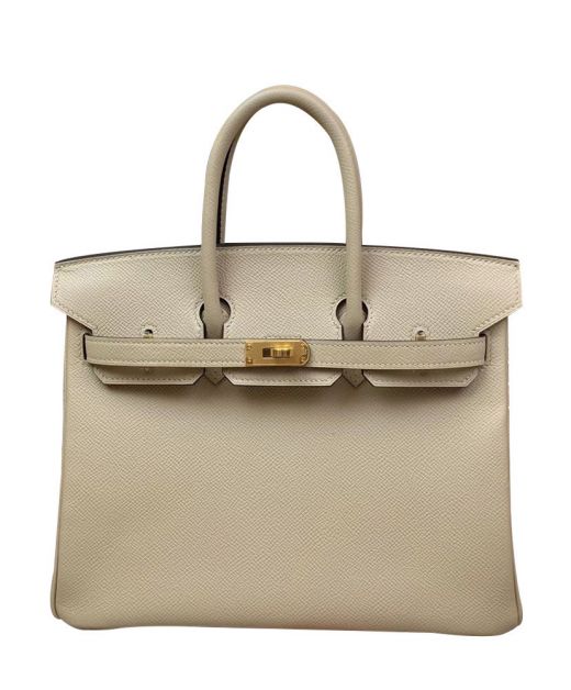 Latest Birkin 25 Grey Epsom Leather Yellow Gold Hardware Belt Closure Round Handles - Faux Hermes Turn Buckle Flap Bag