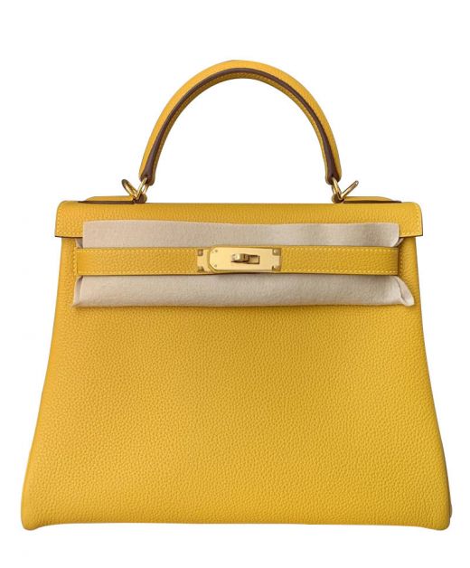 Latest Yellow Togo Leather Yellow Gold Plated Hardware Kelly 28CM Belt Strap - Imitated Hermes Turn Lock Tote Bag For Ladies