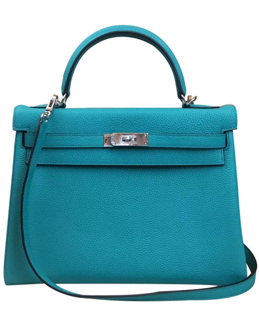 Hot Selling Kelly 28 Peacock Blue Togo Leather Front Flap Belt Strap Closure - Replica Hermes Silver Hardware Women's Tote Bag