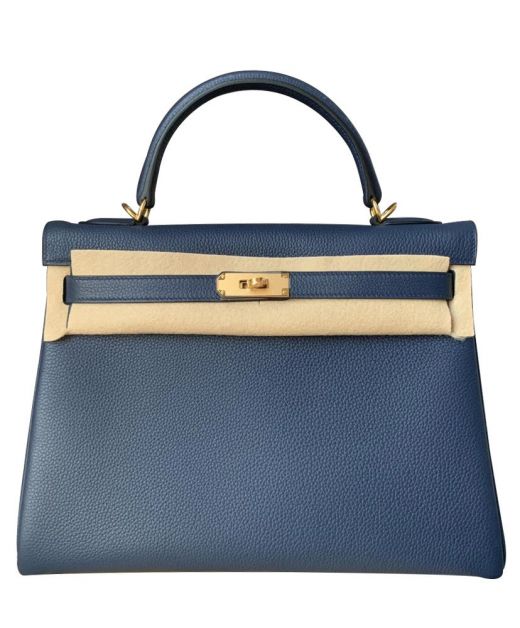 High End Kelly 32 Turn Lock Belt Strap Detail Navy Blue Togo Leather - Replica Hermes Silver Hardware Shoulder Bag