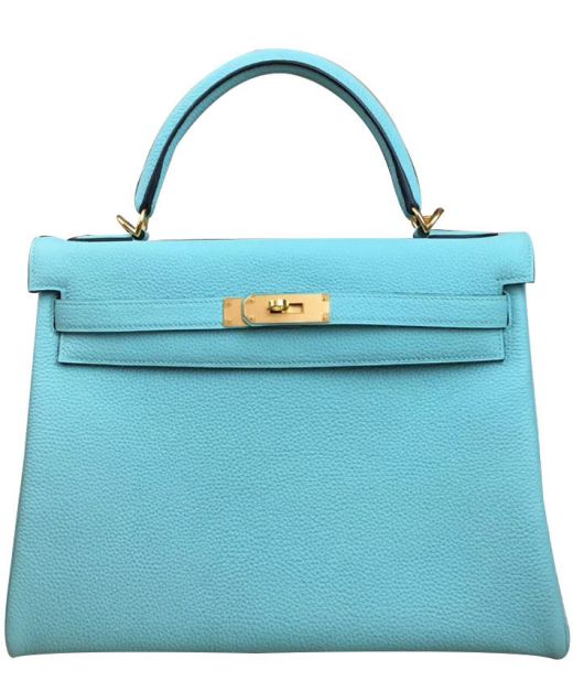 Imitation Hermes Kelly 32cm Light Blue Togo Leather Belt Strap Turn Lock Detail Single Top Handle Bag For Ladies