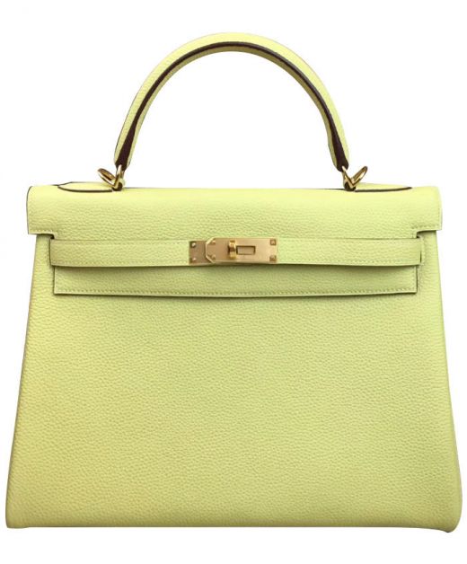 Fake Hermes Kelly 32 Golden Hardware Light Yellow Togo Leather Belt Strap Female Single Top Handle Crossbody Bag