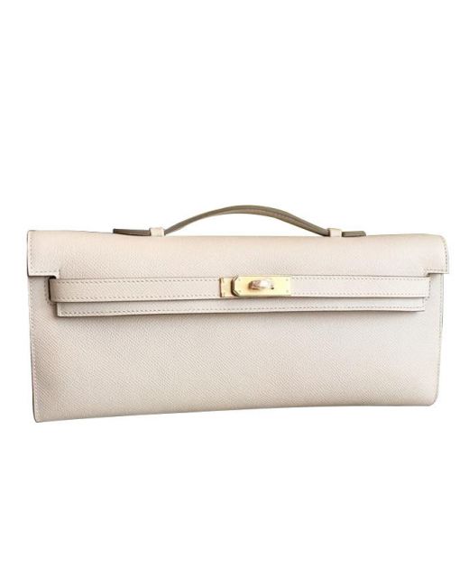 Top Sale Horizontal Version Kelly Cut Rouge H White Epsom Leather Golden Turn Lock - Faux Hermes Belt Strap Clutch