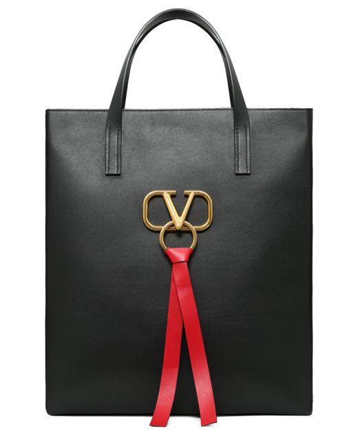 Popular Replica Valentino Garavani N/S Vring Tough Black Calfskin Leather Antique Brass Logo Hardware Red Ribbon Detail Shopper