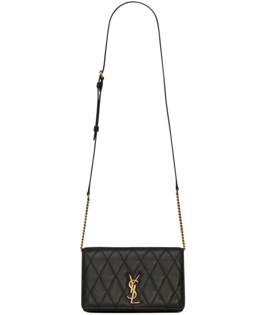 Online Black Leather Quilted Detail Front Flap Snap Closure Gold YSL Letter Angie—Replica Saint Laurent Chain Bag For Ladies