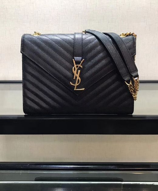 Replica Saint Laurent Monogram Women'S Black Grain Leather Envelope Flap Gold YSL V Quilted Look Shoulder Bag