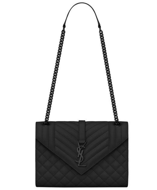 Fake Saint Laurent Flap Magnetic Closure YSL Logo V-Shaped Argyle Quilted Black Leather Top Sliding Chain Bag