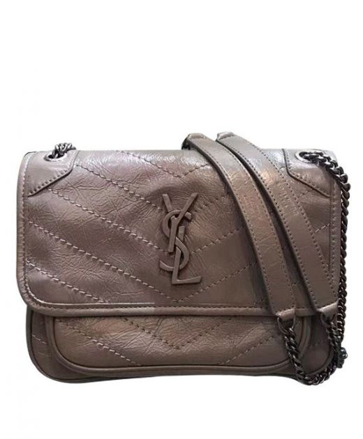 High End Light Grey V Quilted Crinkled Leather Front Flap YSL Interlocking Logo Niki—Clone Saint Laurent Mini Women'S Vintage Crossbody Bag