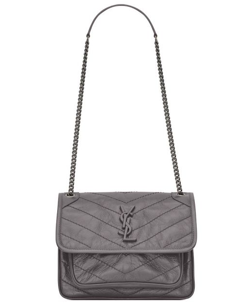 Best Sit Dark Grey Vintage Crinkled Grey Leather Silver Hardware Flap YSL Letter Log—Imitated Saint Laurent Ladies Shoulder 