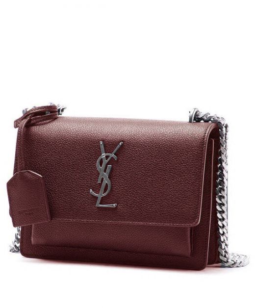 Cheapest Burgundy Grain Leather Flap Magnetic Closure Silver YSL Logo Sunset—Clone Saint Laurent Women'S Shoulder Bag